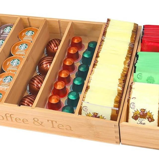KEVTVEK K Cup Holder Organizer for Drawer or Countertop, 35-70 Coffee pod Holder Organizer, Adjustable K Cup Storage and Tea Bag Organizer for Coffee Station Home Office Bedroom and Kitchen(Bamboo)