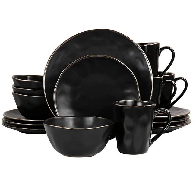 Elama Modern 16 Piece Stoneware Dinnerware Set in Matte Black with Gold Rim (ELM-MATTE)