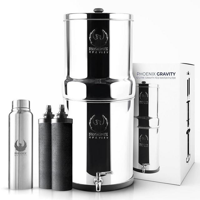 Gravity Water Filter System, 3.25 G NSF Certified AISI 304 Stainless Steel Countertop Water Filter | 2 Carbon Filters | Steel Spigot | Manual Install | No Electricity or Plumbing | Portable