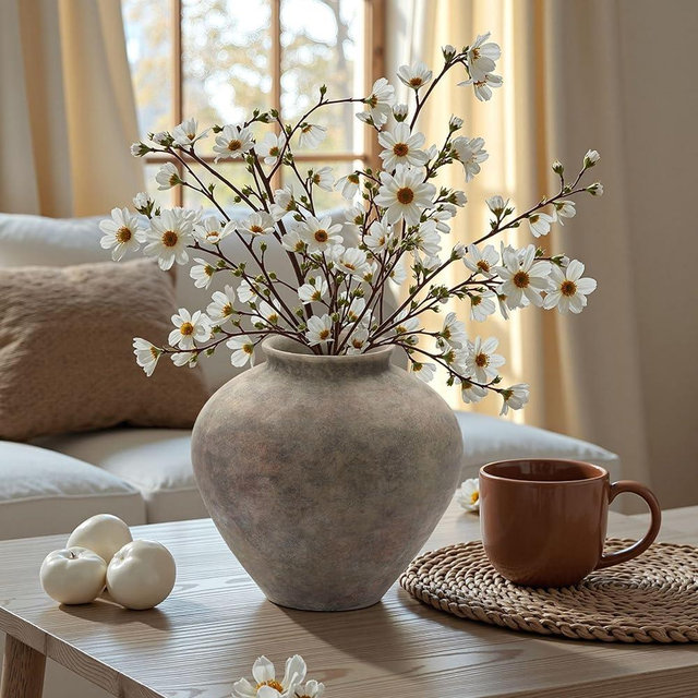 LuxenHome Rustic Ceramic Vase, 10" Tall Terracotta Pot with Earthy Gray-Brown Finish, Decorative Pottery Flower Vase for Shelf Dining Table Decor, Round Farmhouse Vase for Living Room Home Decor