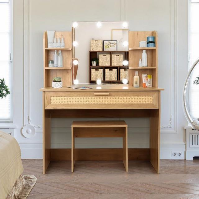 RebRe LED Make up Vanity Desk with 3 Lighting Modes and Mirror,Wooden Dressing Table with Drawer and 4 Open Shelves,Vanities Set for Bedroom(Natural)
