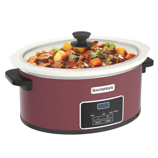 MAGNIFIQUE 8-Quart Programmable Slow Cooker with Timer Keep Warm - Small Kitchen Appliance for Family Dinners - Serves 6+ People (Red Shell + White Ceramic Liner)