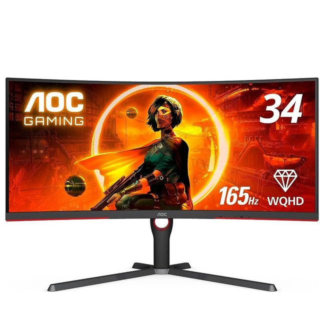 AOC CU34G3S 34" Frameless Curved Ultrawide Gaming Monitor, WQHD 3440 x1440, 165Hz 1ms, FreeSync Premium, Height Adjustable, 3-Year Zero-Bright-dot, Black