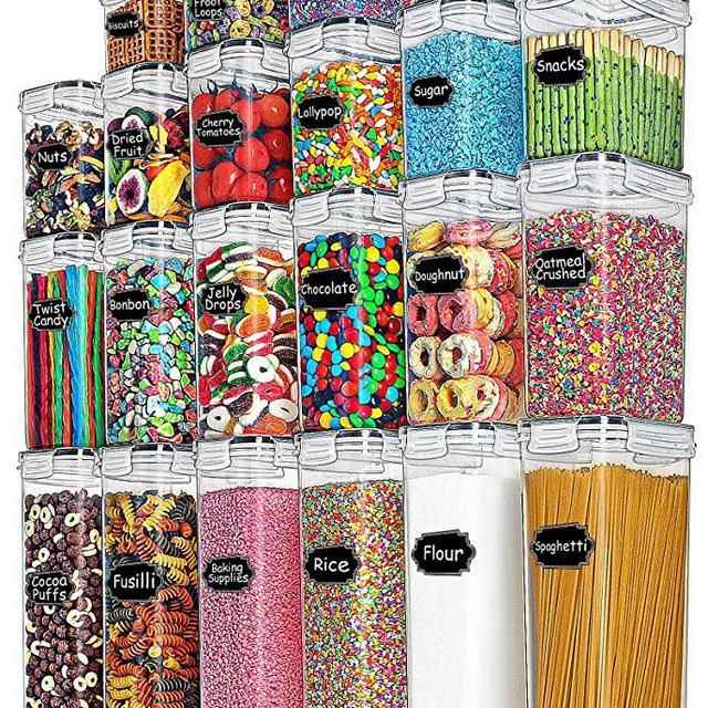 Airtight Food Storage Containers Set，TAEVEKE 23 PCS Kitchen & Pantry Organization Canisters with Lids,BPA Free Plastic Dry Food Canisters for Cereal,Flour and Baking Supplies-Labels&Marker(Black)