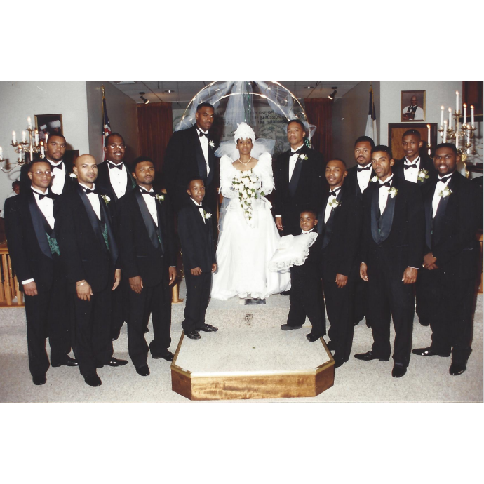 LaVonya accompanied by the Groom's men:
Ed, Jeff, Ronnell, Perry, Alvin Jr., Constance, Kirk Sr., Roger, Shawn, Tony, Carlos, Tohn, Ed Jr. (EJ), Kirk Jr. (KB)