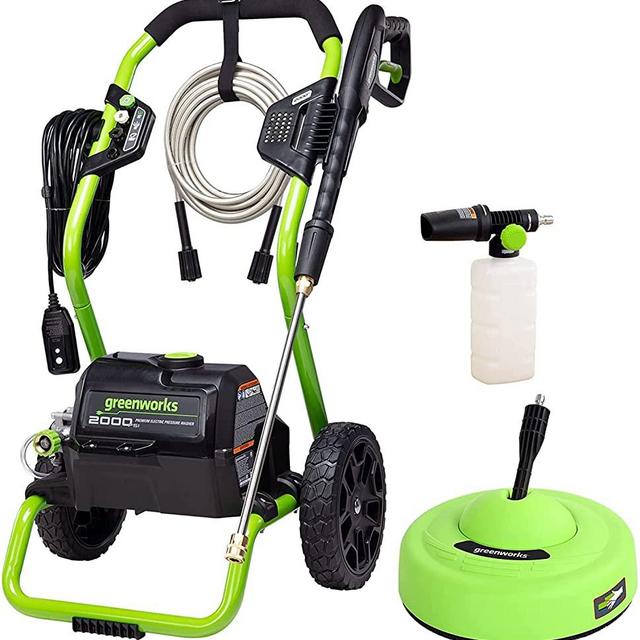 Greenworks 2000 Max PSI @ 1.1 GPM (13 Amp) Electric Pressure Washer GPW2000-1RG + Greenworks Surface Cleaner Universal Pressure Washer Attachment 30012 + Greenworks High Pressure Soap Applicator 51362