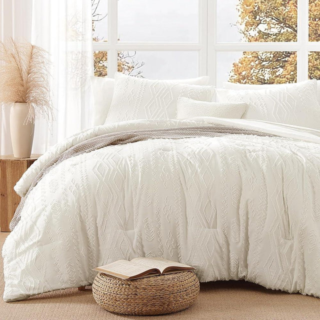 AMBERSPACE Queen Comforter Set White, Tufted Boho Bedding Farmhouse Bed Set, All Season 7 Pieces Bed in a Bag with Sheets, Pillowcases & Shams