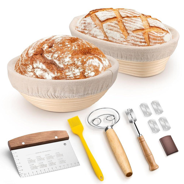 TeamFar Sourdough Bread Baking Supplies, 9” Round & 10” Oval Bread Proofing Basket Set with Liner, Sourdough Starter Kit for Bread Making, Bread Lame/Whisk/Dough Scraper/Basting Brush