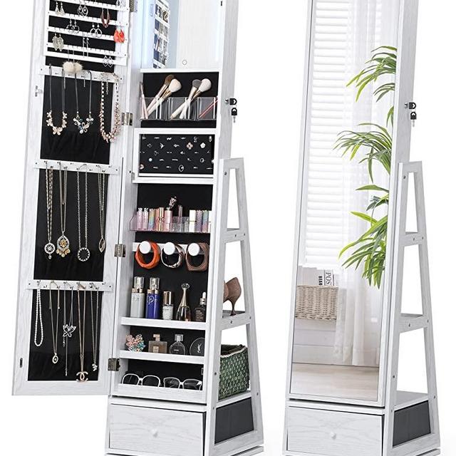 Nicetree 360° Swivel Jewelry Cabinet with Lights, Touch Screen Vanity Mirror, Rotatable Full Length Mirror with Jewelry Storage, Standing Jewelry Armoire Organizer, Foldable Makeup Shelf, White