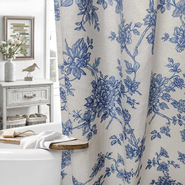 MUGINYU Blue Vintage Floral Linen Shower Curtain-Toile Cottage Core Farmhouse Country Neutral Botanical Bath Curtain for Bahtroom Decor 72x72inch