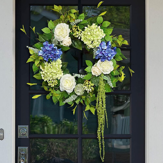 23 Inch Summer Wreaths for Front Door, Soomeir Blue and Green Hydrangea Spring Door Wreaths Outside, Floral and Seasonal Wreath, Artificial Decor Decorations for Outdoor, Indoors, Home, Farmhouse