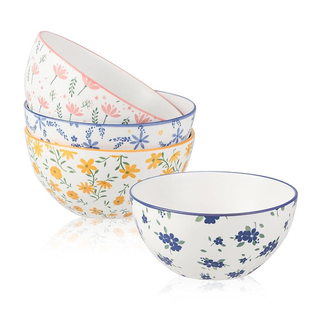 Cereal Bowls Soup Bowl Set - 6" Colorful Ceramic Bowls with Floral Patterns - Wide Deep Porcelain Ramen Bowls - Kitchen Bowl for Serving Breakfast | Salad | Oatmeal | Noodle | Pho - 4 Pack - 23.6 OZ