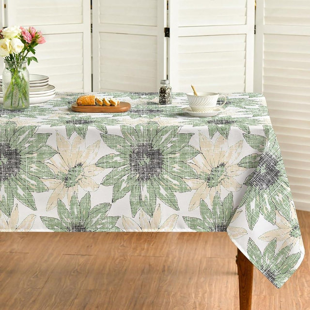 Horaldaily Rectangular Tablecloth 60x120 Inch, Seasonal Vintage Daisy Green Washable Seasonal Table Cover for Party Picnic Dinner Decor