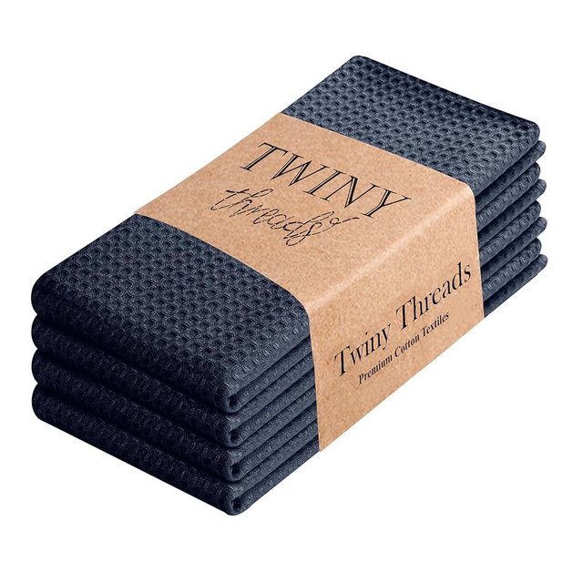 TWINY threads Kitchen Towels Set of 4, 16x26 Inches, 100% Soft Cotton Waffle Weave Dish Towels, Absorbent Tea Towels with Hanging Loop, Washable Reusable Cloths for Cleaning and Dining, Navy