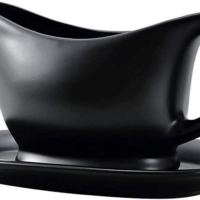 Bruntmor Ceramic Gravy Boat and Tray, For Salad Dressings, Milk,Broth, Creamer, Microwave & Dishwasher Safe 11Oz, Black