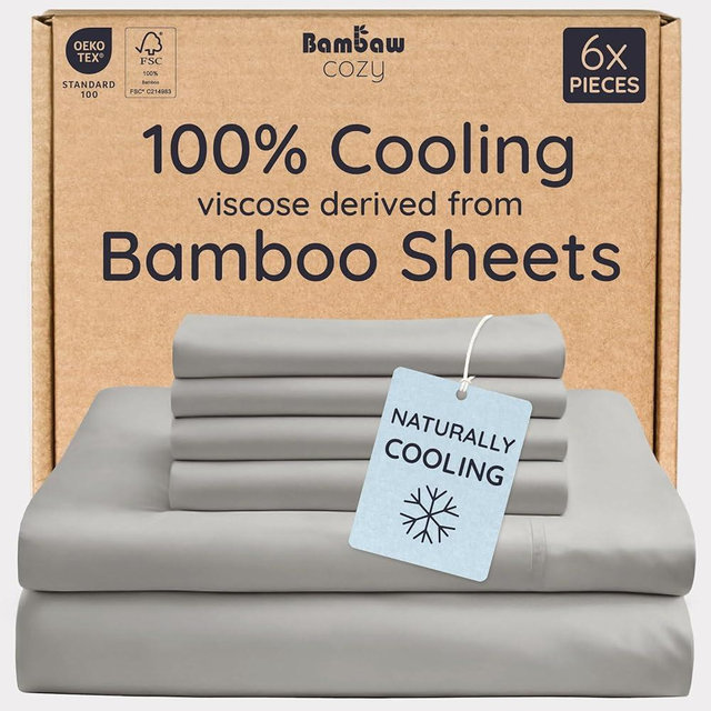Bambaw King Sheet Set 6pcs – 100% Viscose Derived from Bamboo Sheets King Size Deep Pocket, Fits Up to 16'' with Elastic Corner Straps, Soft Cooling Sheets for Hot Sleepers (Moonlight Gray)