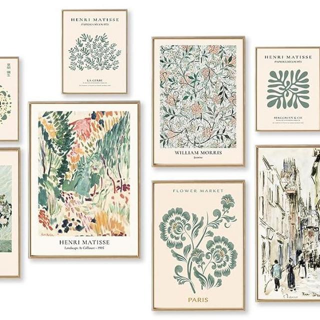 Sage Green Wall Art Prints Eclectic Decor, ASTRDECOR 9 PCS Sage Green Wall Decor Aesthetic, Green Matisse Wall Art Exhibition Poster Set, Bathroom, Hallway- Unframed