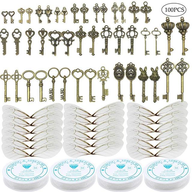 46 PCS Antique Bronze Vintage Skeleton Keys Charms Potter Flying Keys Enchanted Key With 50 Pairs Dragonfly Wings and 105 Yards Fishing Line For Jewelry Making Necklace Crafts