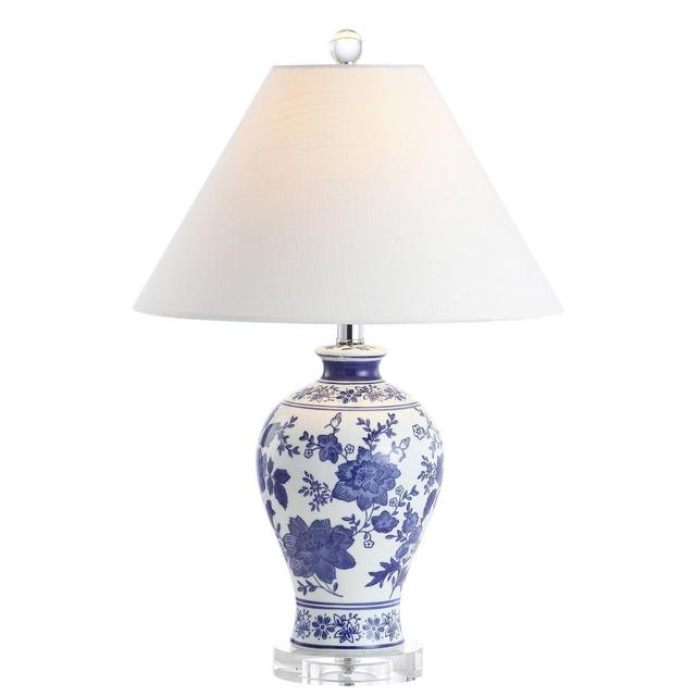 21.5" Ceramic and Crystal Song Chinoiserie Floral LED Table Lamp (Includes Energy Efficient Light Bulb)Blue and White - Jonathan Y