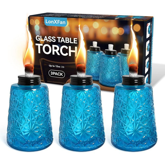 3 Pack Glass Outside Table Top Torch, Tabletop Citronella Oil Torches for Outside Replacement Fuel Torch Canisters with Wicks and Caps Lanscape Lanterns Torches for Yard, Patio, Garden, Party Decor