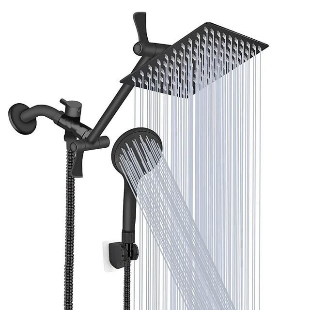Shower Head 10‘’ High Pressure Rainfall Shower Head/Handheld Shower Combo with 11'' Extension Arm, 9 Settings Adjustable Anti-leak Shower Head with Holder, Height/Angle Adjustable, Chrome, Matte Black