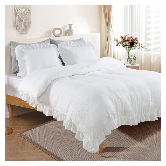 Ruffled Duvet Cover Queen Size, 3 Pieces Soft Washed Microfiber Duvet Cover Set Shabby Chic Home Bedding Duvet Covers with Button Closure,white