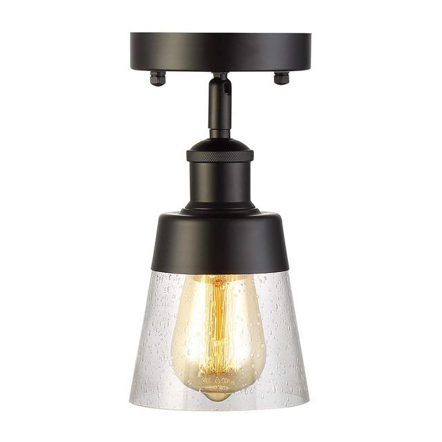 Fivess Lighting Industrial Glass Semi Flush Mount Ceiling Light, Black, 9.45x4.72x4.72 inches, Seeded Shade, for Kitchen, Hallway, Bedroom etc.