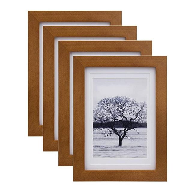 Egofine 5x7 Picture Frames 4 Pack Made of Solid Wood Matted for 4x6 or 3.5x5 with HD Plexiglass for Table Top Display and Wall Mounting Photo Frame, Light Brown