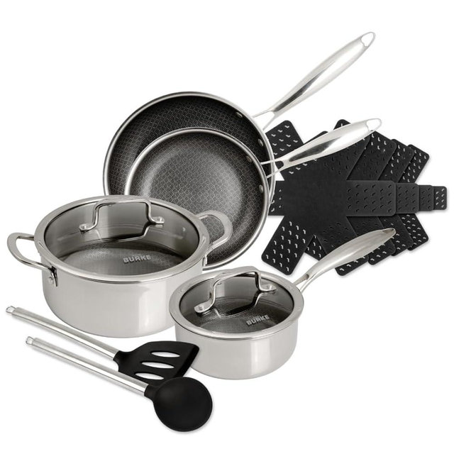 David Burke GeoClad Ceramic 12-Piece Cookware Set – Stainless Steel Sear Surface, Geometric Pattern, Tri-Ply Clad Body, PFOA-Free, Dk Gray/SS