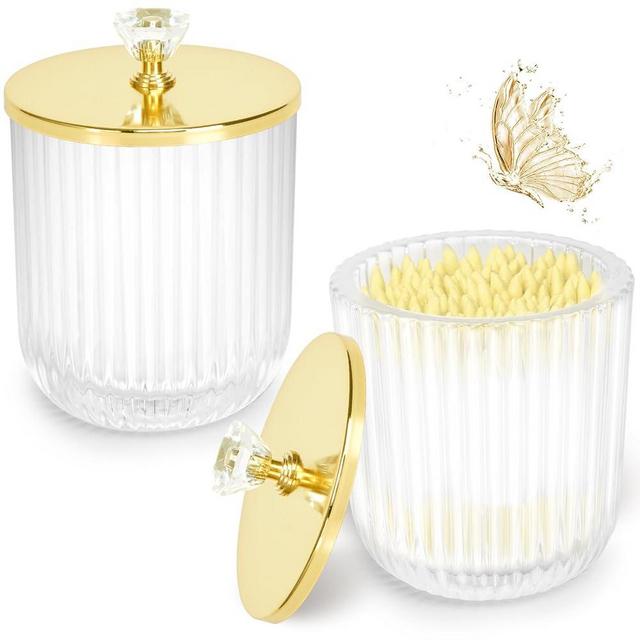 Jenseits 2PCS Qtip Holder Bathroom Set, Clear Glass Apothecary Jars with Lid and Cotton Ball Round Pad Holders for Bathroom Vanity Storage and Organization, Farmhouse Bathroom/Home Decor