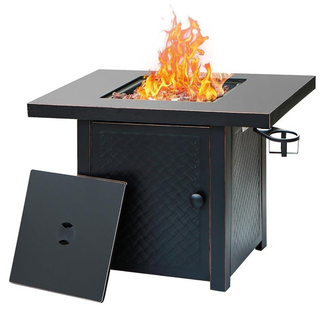 Verdeluxe 32'' Propane Fire Pit,50000 BTU Gas Firepit Table with 2 Drink Holders, Lid & Lava Rock,CSA Certified Outdoor Fire Pit Table for Dining or Party,Propane Firepits for Outside,Patio,Yard