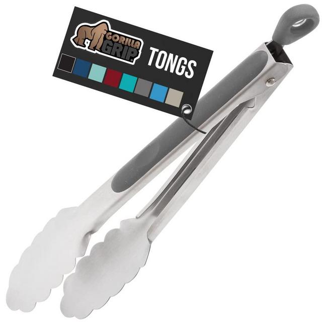 Gorilla Grip Stainless Steel Metal Tongs, Heat Resistant up to 484 Degrees, Comfortable Silicone Handle, Easy Pull Lock, Strong Kitchen Tong for Cooking, Grilling, Serving Salad, BBQs, 9 Inch, Gray