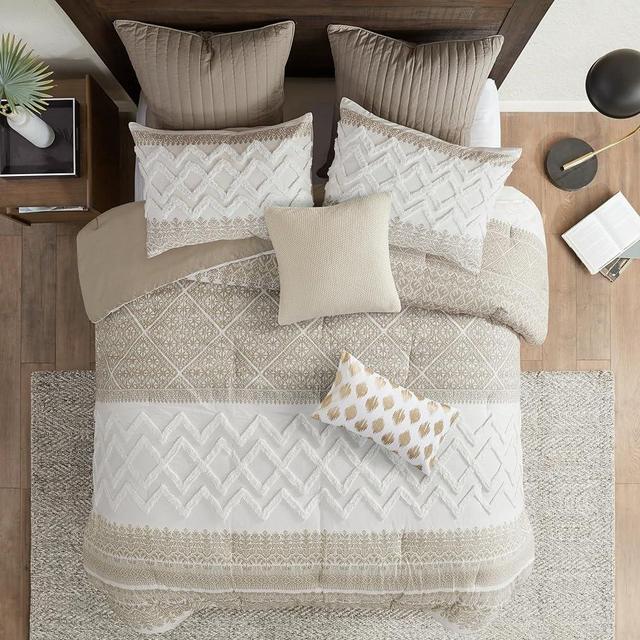 INK+IVY Queen Comforter Set, Chic Chevron Chenille Tufting Accent, Boho Comforters Queen, All Season, Lightweight Cotton Comforter Queen Bedding, 2 Shams, Mila, Full/Queen Taupe 3 Piece