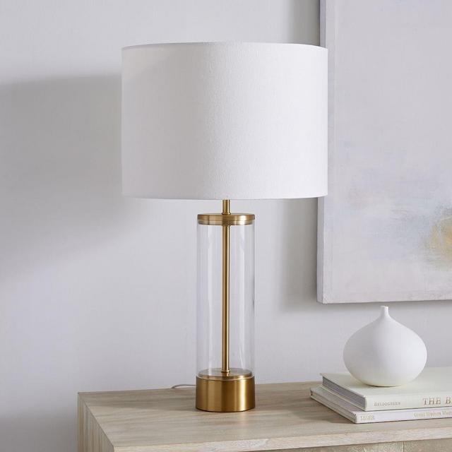 West Elm Acrylic Column Table Lamp + USB, Antique Brass