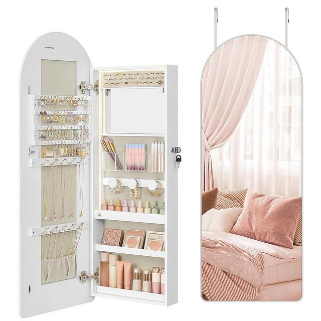 SONGMICS Wide Jewelry Organizer, LED Jewelry Cabinet Wall/Door Mounted, Arched Mirror with Storage, Lockable, Rounded Corner, Interior Mirror, 3.9 x 16.5 x 42.5 Inches, Cloud White UJJC020W01