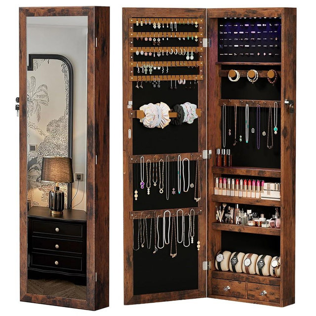 DUMOS 6 LEDs Mirror Jewelry Cabinet, Wall or Door Mounted Jewelry Organizer, 47.2-Inch Tall Lockable Large Capacity Cosmetic Storage, Gift Idea