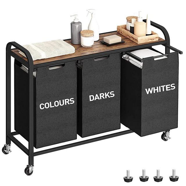 ALOFA Laundry-Hamper Laundry Basket with Shelf, Laundry Room Organization 3x46L Pull Out and Removable Laundry Bags with Letter Stickers, Metal Frame Made Laundry Sorter Classified Storage Black