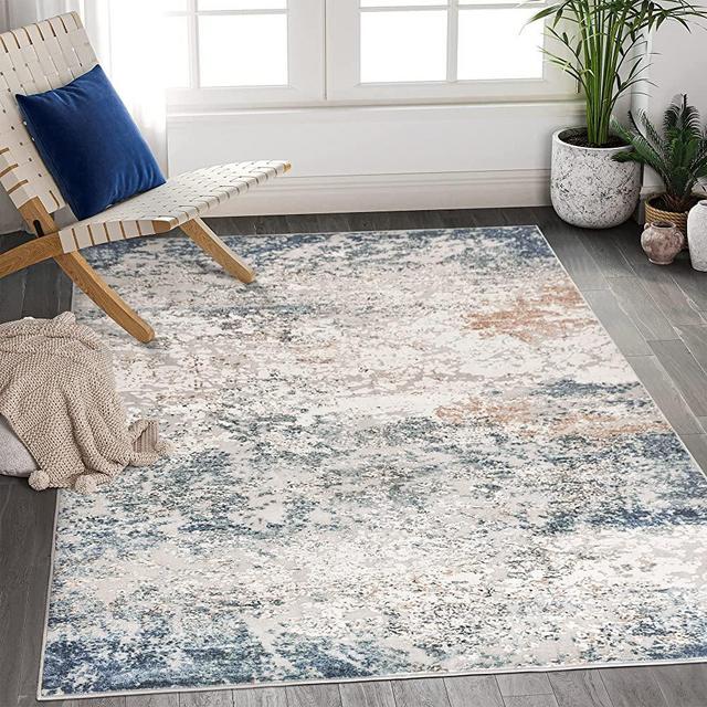 Art&Tuft Washable Rug, Anti-Slip Backing Abstract 4x6 Rug, Stain Resistant Rugs for Living Room, Foldable Machine Washable Area Rug (TPR18-Blue, 4'x6')