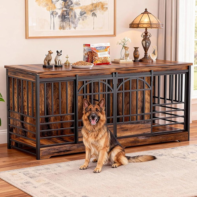 COZPAW 78 Inch Double Dog Crate Furniture, Extra Large Dog Kennel Indoor for 2 Dogs, Heavy Duty Dog Cage with Divider, Wooden Dog House Decorative Table TV Stand for XLarge Dogs (Cognac Brown)