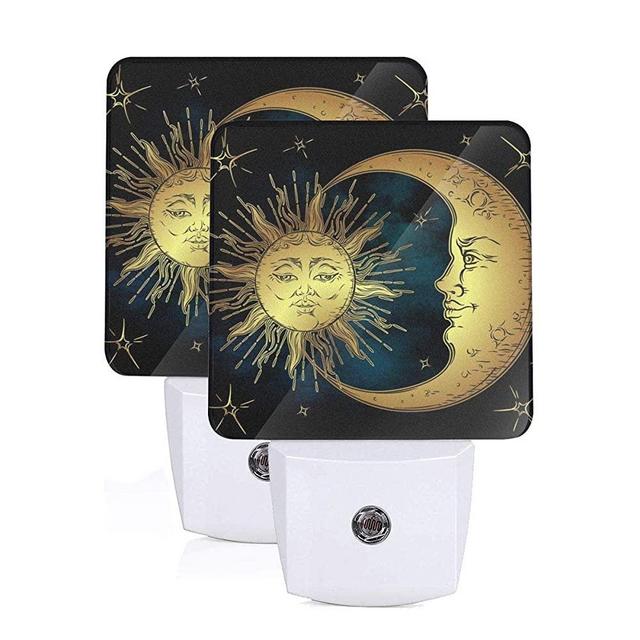 Set of 2 Led Night Lights, Boho Decor Golden Sun Moon and Stars Over Blue Sky Auto Dusk-to-Dawn Sensor Night Lamp Plug-in Home Decorative for Adult