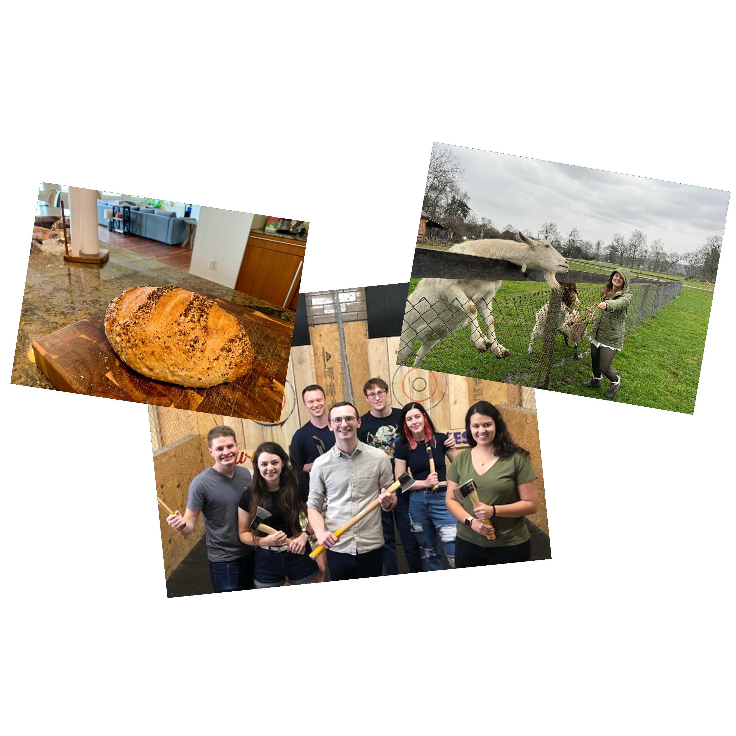 Our first dates included: talking for 3 hours over Pizza and Craft Beer, Aaron baking Katie a loaf of bread, axe throwing, and feeding honeysuckle to some goats.