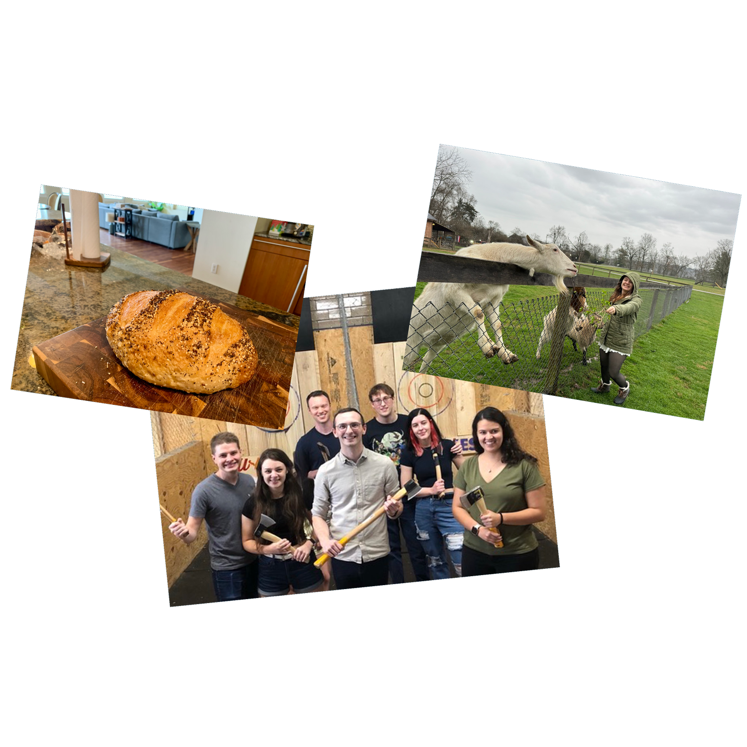 Our first dates included: talking for 3 hours over Pizza and Craft Beer, Aaron baking Katie a loaf of bread, axe throwing, and feeding honeysuckle to some goats.