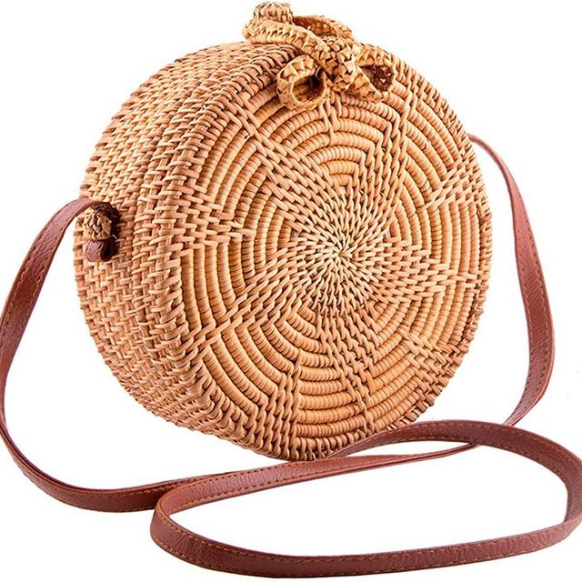 Handmade Round Ata Rattan Bag - Boho Shoulder Straw Bag - Crossbody Purse Women