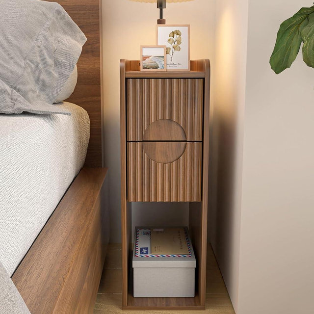 Narrow Fluted Nightstand, Wooden Small 2 Drawer Nightstand, Slim Side End Table, Vintage Bedside Table, Mid Century Modern Night Stand with Drawers, for Bedroom, Walnut, 1 Pcs