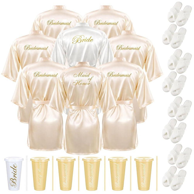 Bonuci 24 Pcs Bridesmaid Bride Robes Set of 8 Bridal Satin Robes Fluffy Slippers Drinking Cups for Wedding Bachelorette Party