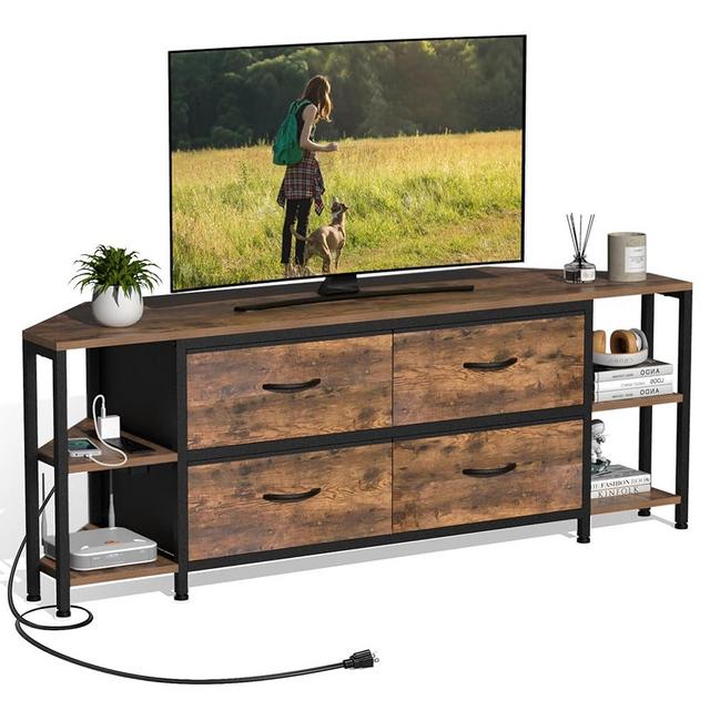 EXOTICA Corner TV Stands for Living Room with 4 Drawers and Power Outlet Industrial Corner Entertainment Centers for TVs up to 55 Inches Farmhouse Corner Console Table with 4 Open Storage for Bedroom