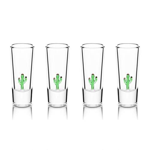 IOC Baja Collection Authentic Mexican Artisanal Tequila Shot Glasses with Glass Blown Cacti - 4 Shot Glass Pack 2 Oz 50 ML-Fathers Day Gifts Kitchen Supplies Fun Ideal Housewarming Gift