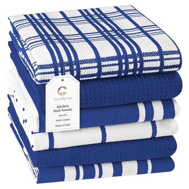 Comfy-co Assorted Kitchen Towels Set of 6-100% Cotton 15x25 inches - Soft Absorbent Tea Towels for Kitchen - Dish Cloths Cleaning Towels with Hanging Loop - Quick Drying Dish Towels Blue
