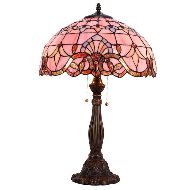 WERFACTORY Tiffany Lamp Pink Stained Glass Baroque Bedside Table Lamp Style Desk Light 16X16X24 Inches Decor Bedroom Living Room Home Office S003P Series