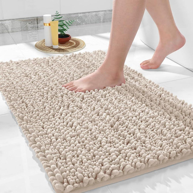 Yimobra Original Luxury Chenille Bath Rug Mat, 32 x 20 Inches, Soft Shaggy Bathroom Rugs, Large Size, Super Absorbent and Thick, Non-Slip, Machine Washable, Bath Mats for Bathroom, Beige